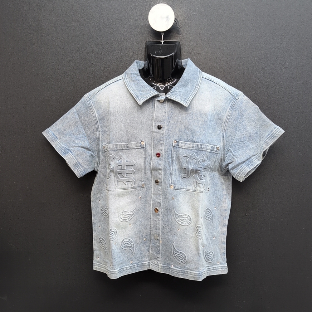 Mixed Emotion Paisley Denim Shirt Embossed Distressed Small Light Blue